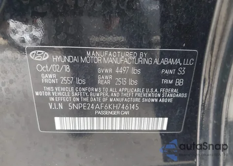 2019 Hyundai Sonata Se z USA, uszkodzony, nr VIN 5NPE24AF6KH746145